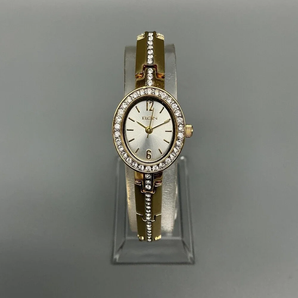 Elgin Womens Watch 19mm Oval Dial Gold Tone Crystals New Battery 7.5